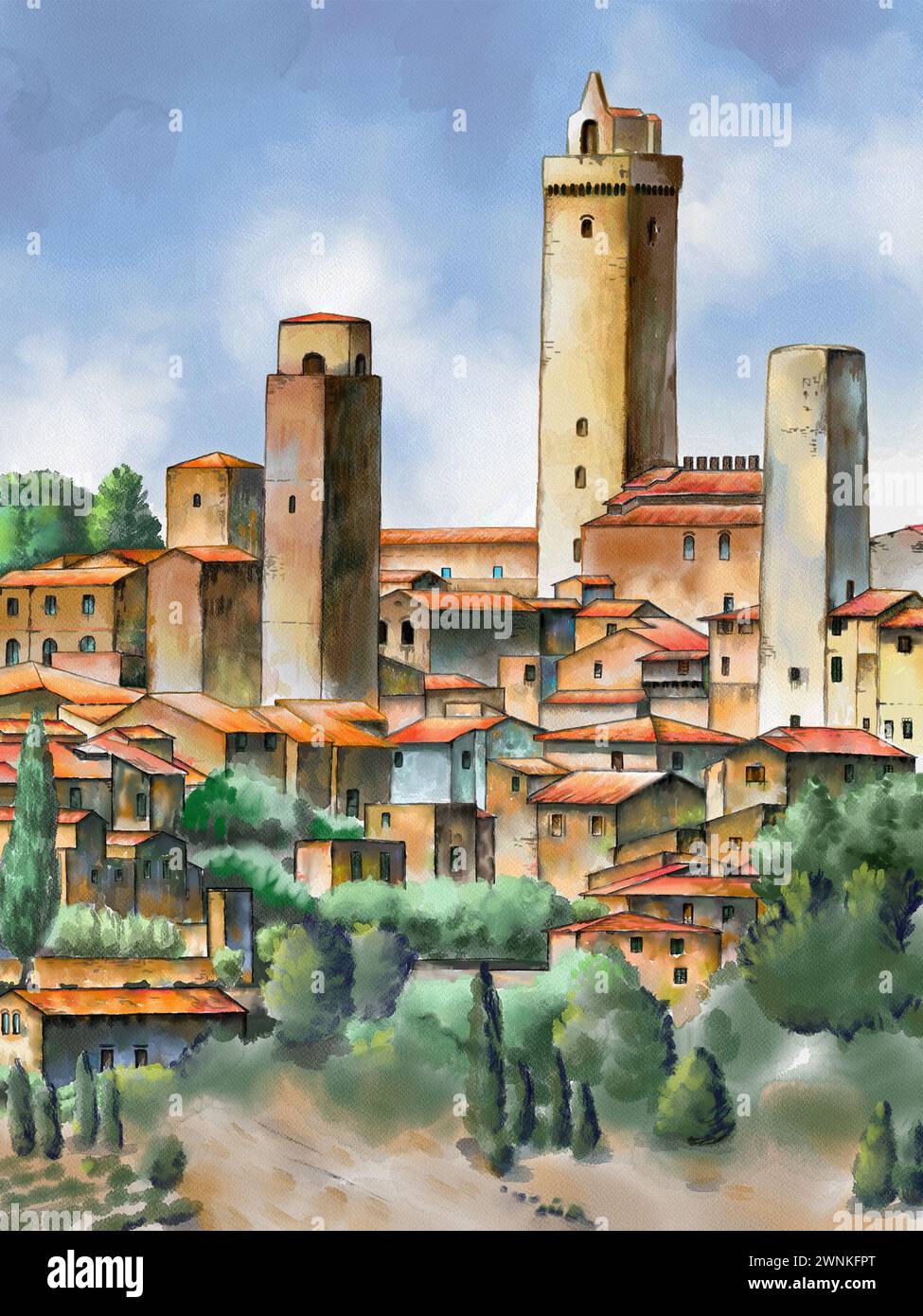 Pittura ad acquerello originale raffigurante San Gimignano in Toscana, Italia. Foto Stock