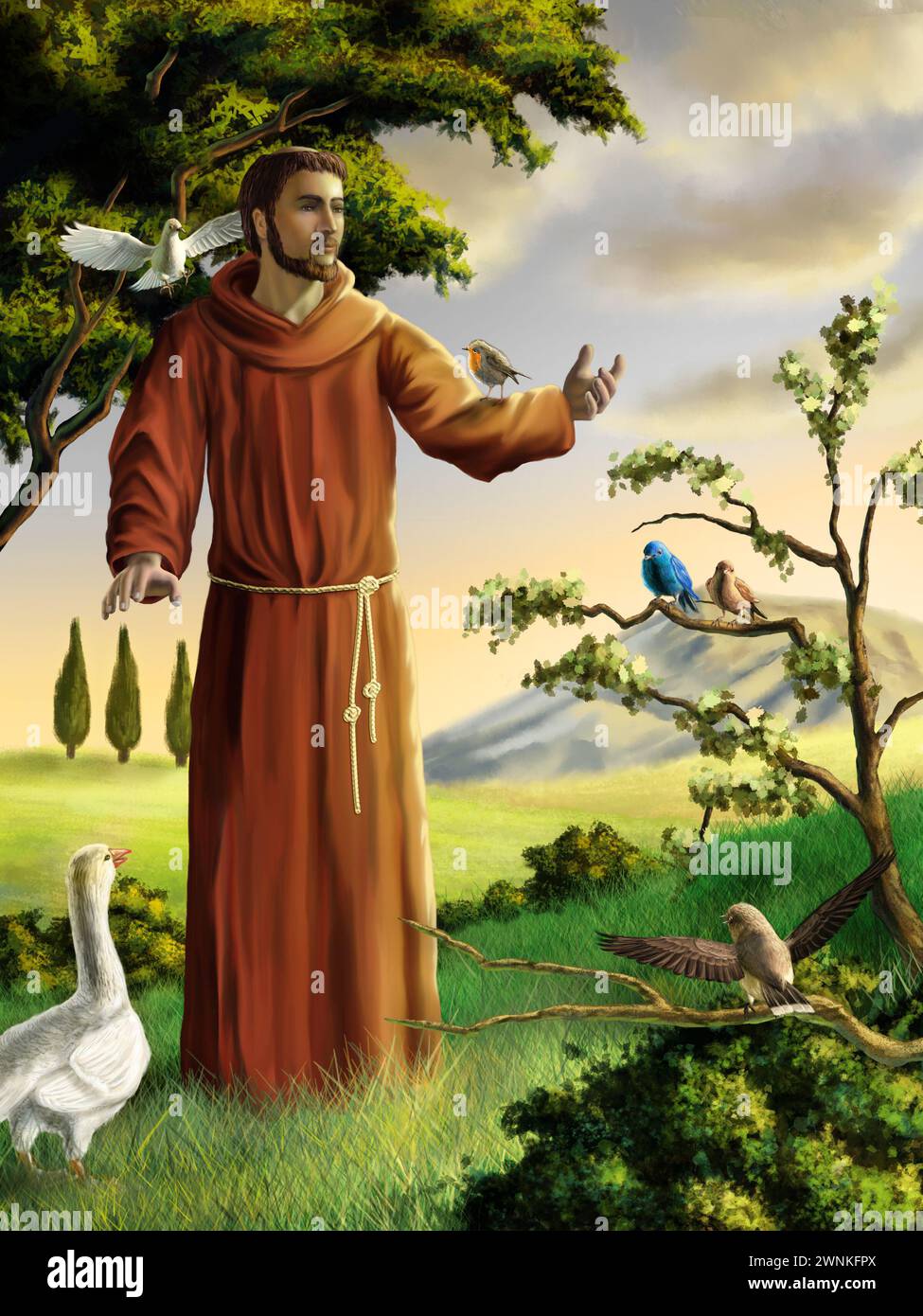 San Francesco predicava agli uccelli in un bellissimo paesaggio. Illustrazione digitale. Foto Stock