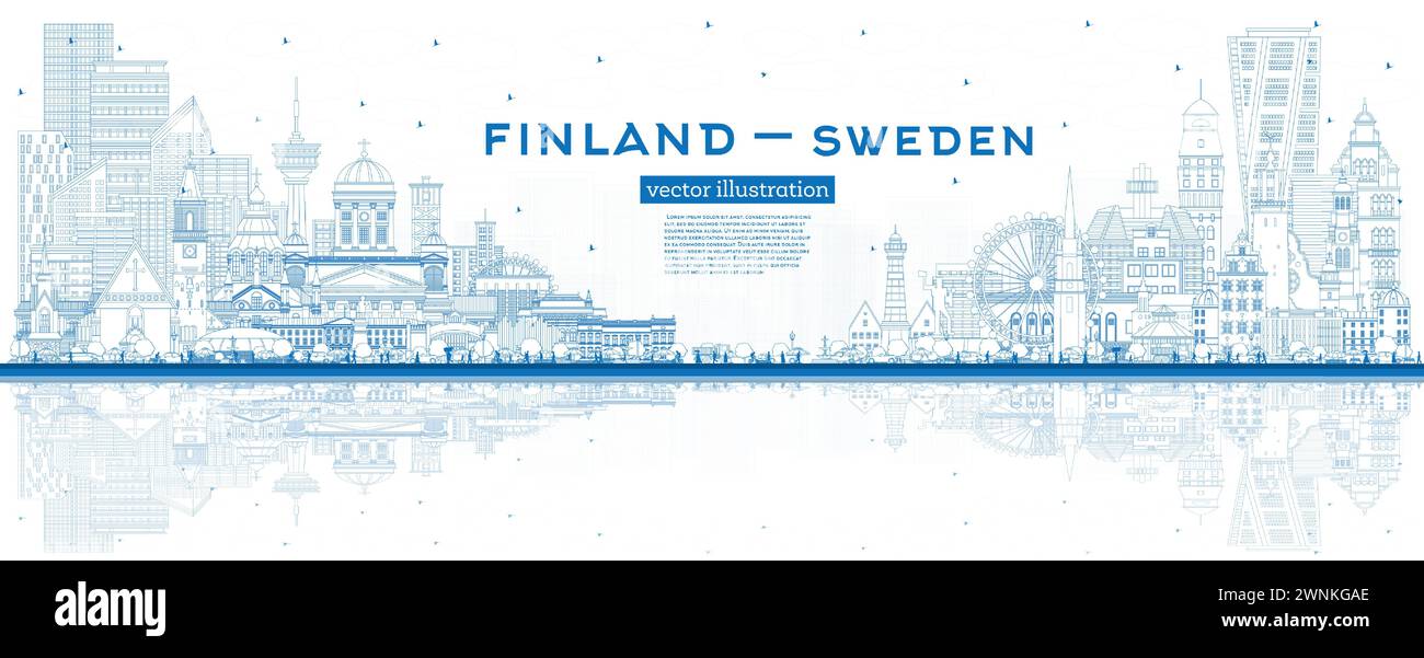 Delinea lo skyline di Finlandia e Svezia con edifici e riflessi blu. Luoghi di interesse famosi. Illustrazione vettoriale. Svezia e Finlandia. Illustrazione Vettoriale