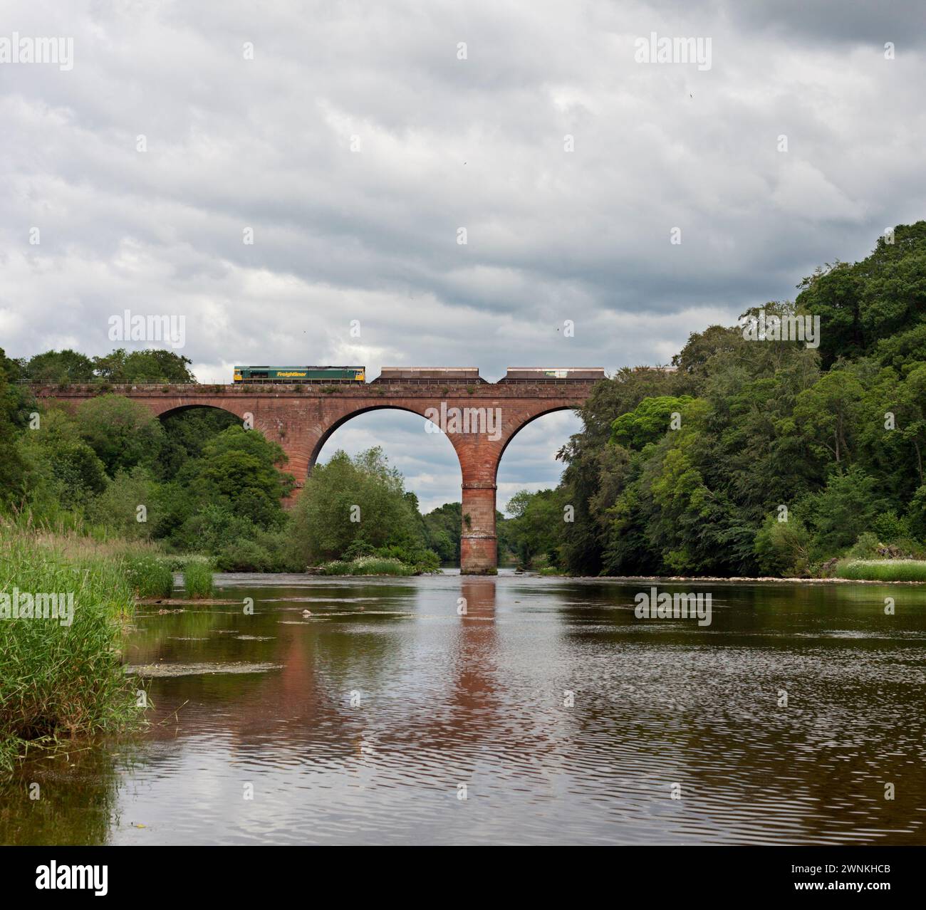 Locomotiva Freightliner classe 66 che attraversa il fiume Eden presso il viadotto Wetheral sulla linea della valle del Tyne con un treno a carbone Anglo Scottish Merry Foto Stock