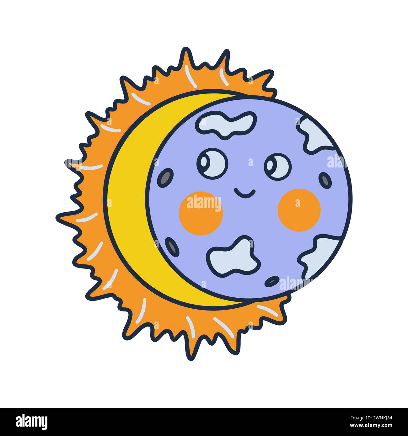 Eclissi solare parziale. Illustrazione vettoriale colorata isolata disegnata a mano. Bel sole e luna sorridenti. Icona o scheda, stampa clip art con contorno Illustrazione Vettoriale