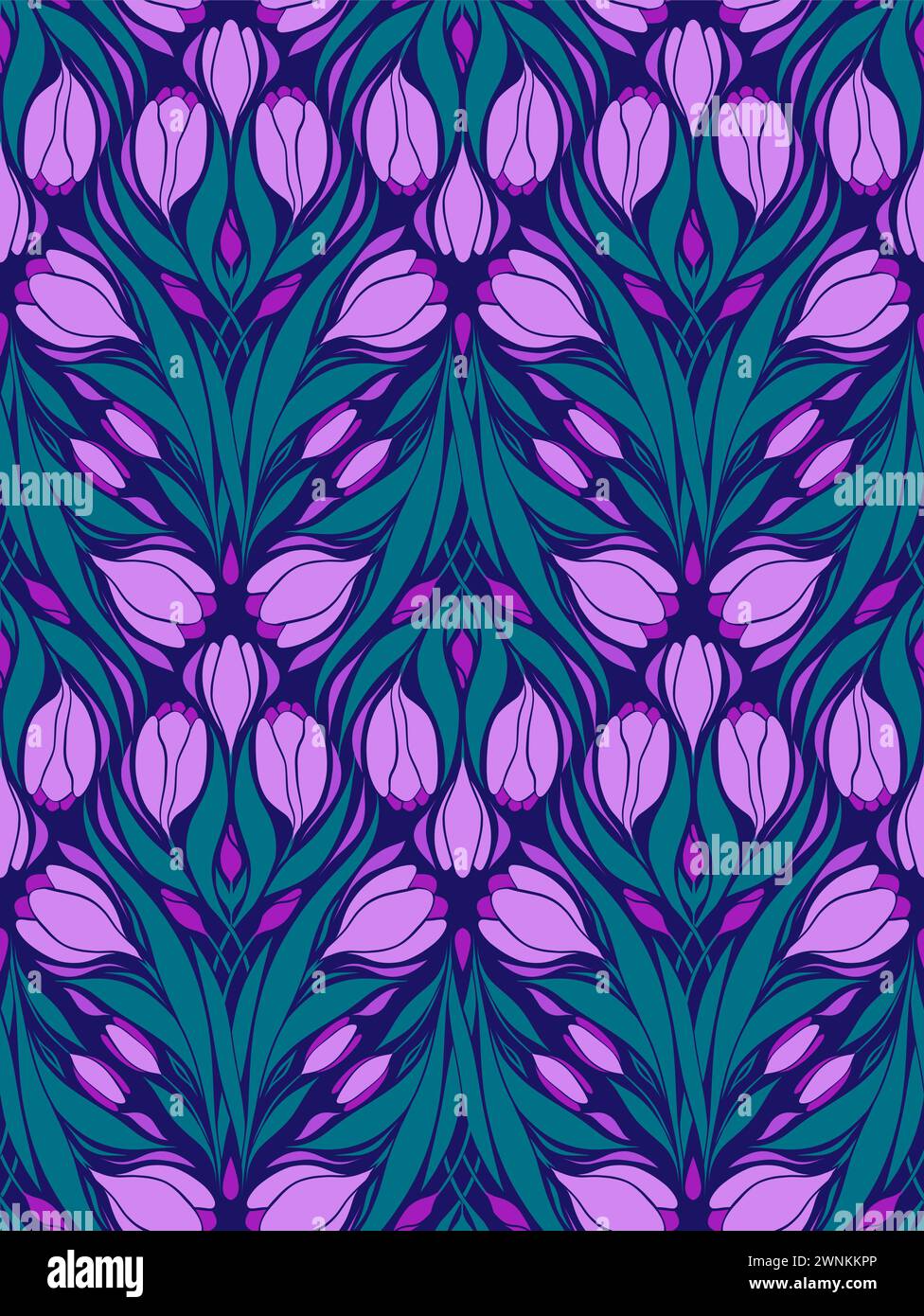 Ripetizione continua vettoriale con croci geometrici. Design della superficie con silhouette di fiori primaverili su sfondo viola. Texture Art Nouveau Illustrazione Vettoriale