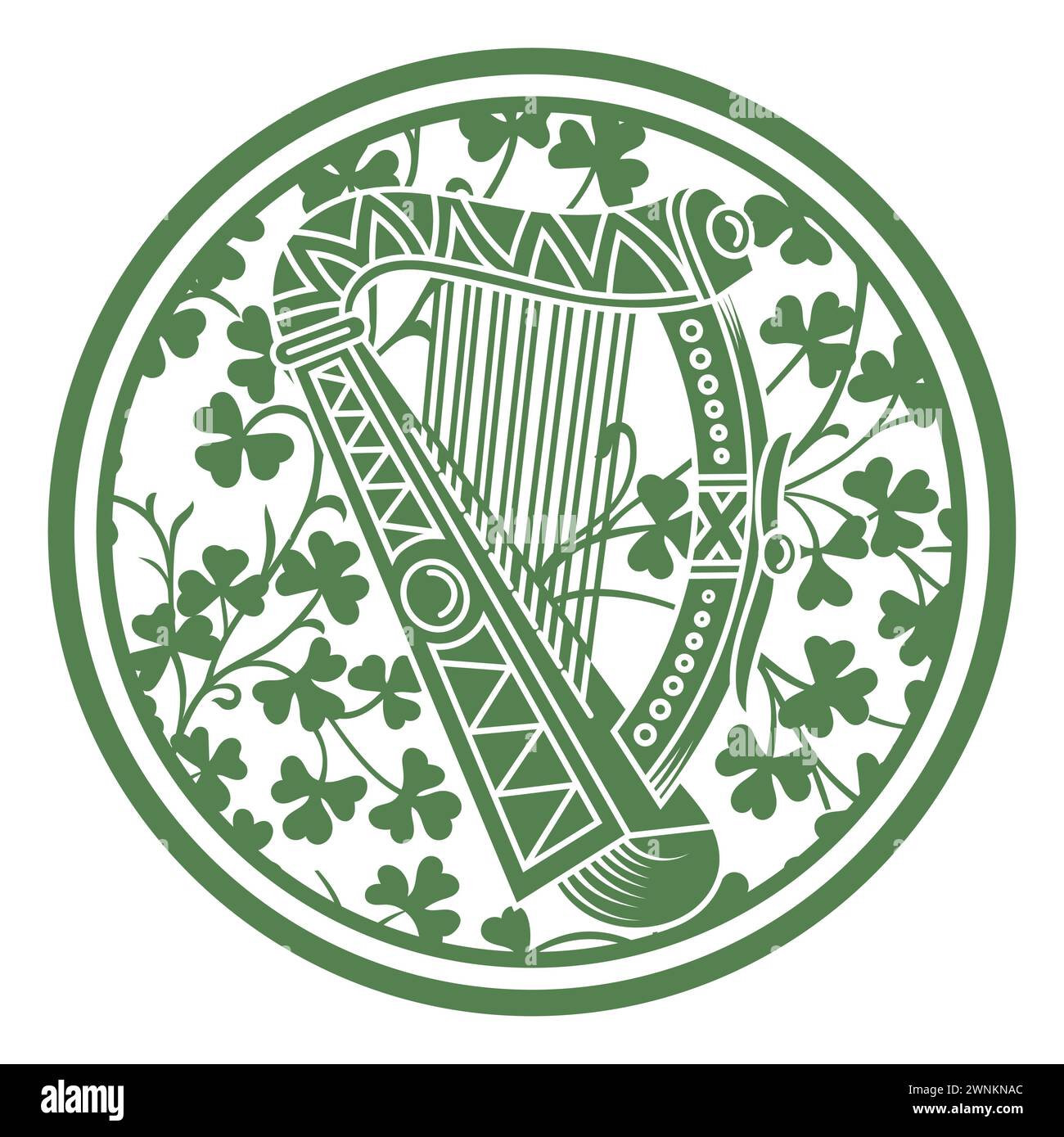 Design irlandese in stile vintage e retrò. Foglie di arpa e trifoglio in stile celtico con ornamenti etnici Illustrazione Vettoriale