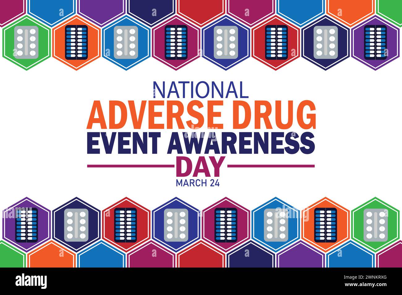 Sfondo National Adverse Drug Event Awareness Day con tipografia. Giornata nazionale di sensibilizzazione agli eventi avversi sui farmaci, background Illustrazione Vettoriale