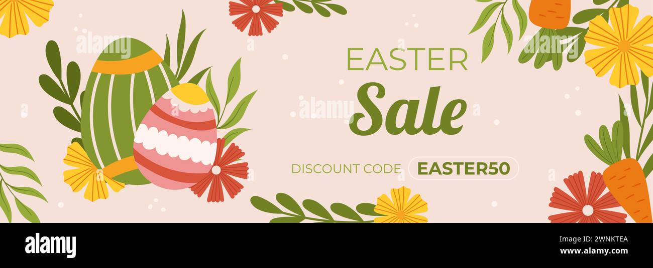 Modello banner orizzontale per la promozione degli sconti di Pasqua. Design con due uova dipinte, fiori e foglie, carota Illustrazione Vettoriale