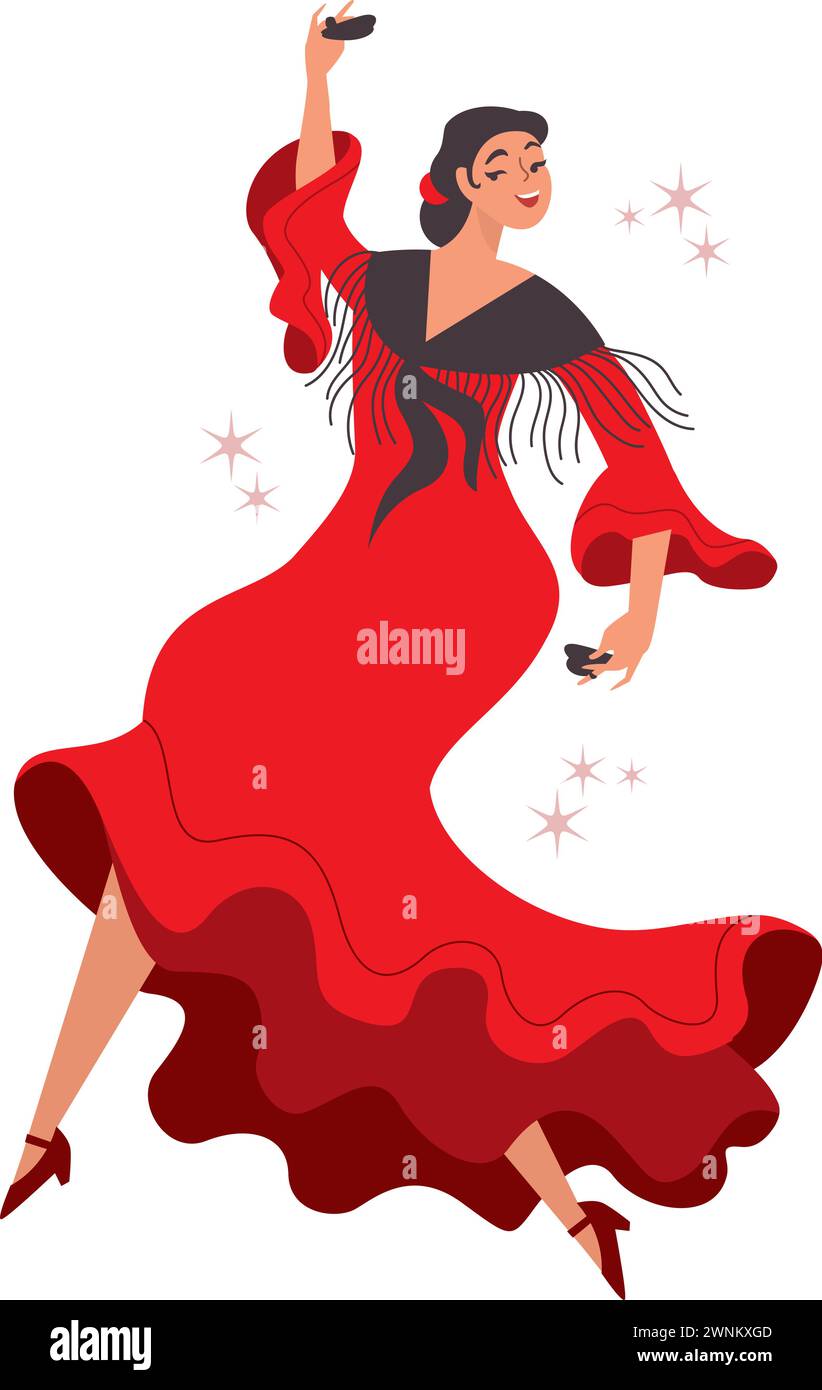 Giovane e bella ballerina di flamenco. Donna in rosso tradizionale abito spagnolo che balla con le castanette. Carattere vettoriale piatto Illustrazione Vettoriale