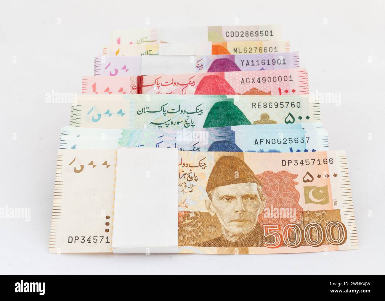 Banconote in valuta pakistana di vari tagli su sfondo bianco Foto Stock