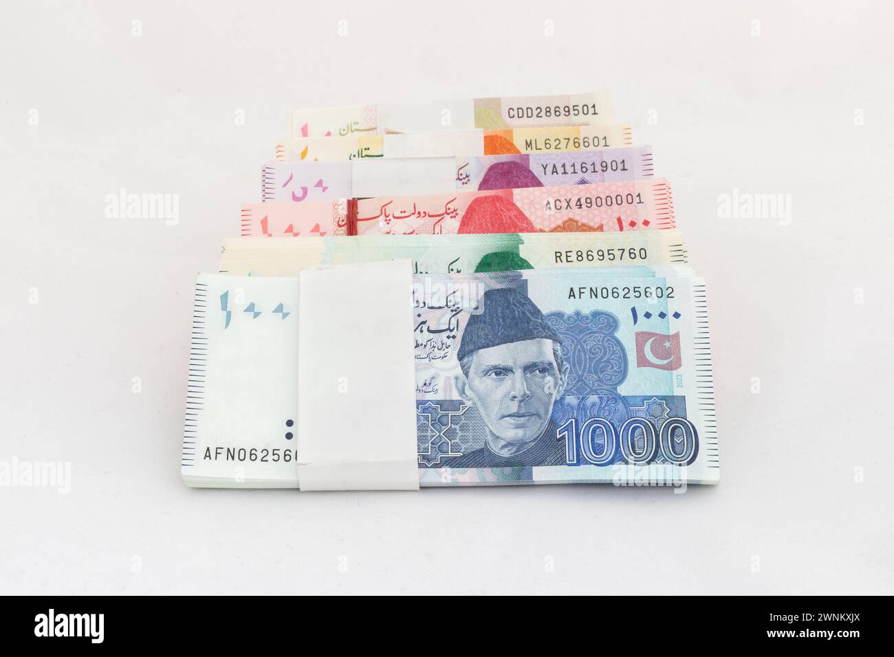 Pacchetti di banconote in valuta pakistana su sfondo bianco isolato Foto Stock