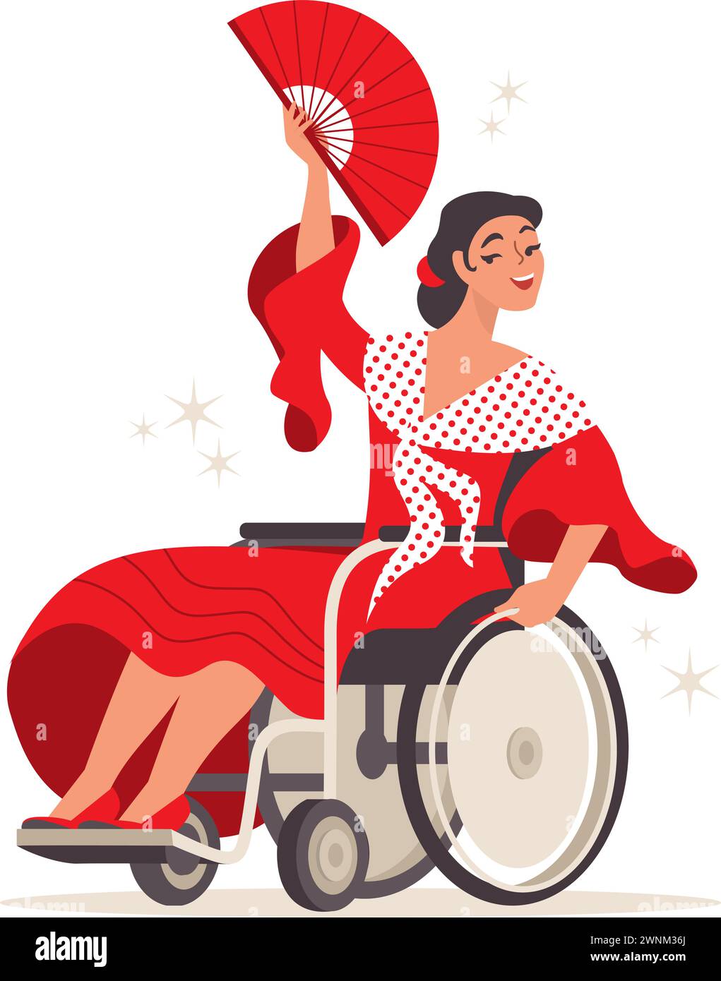 Giovane donna felice su una sedia a rotelle che danza flamenco indossando un tradizionale abito spagnolo. Danza inclusa. Carattere vettoriale piatto Illustrazione Vettoriale