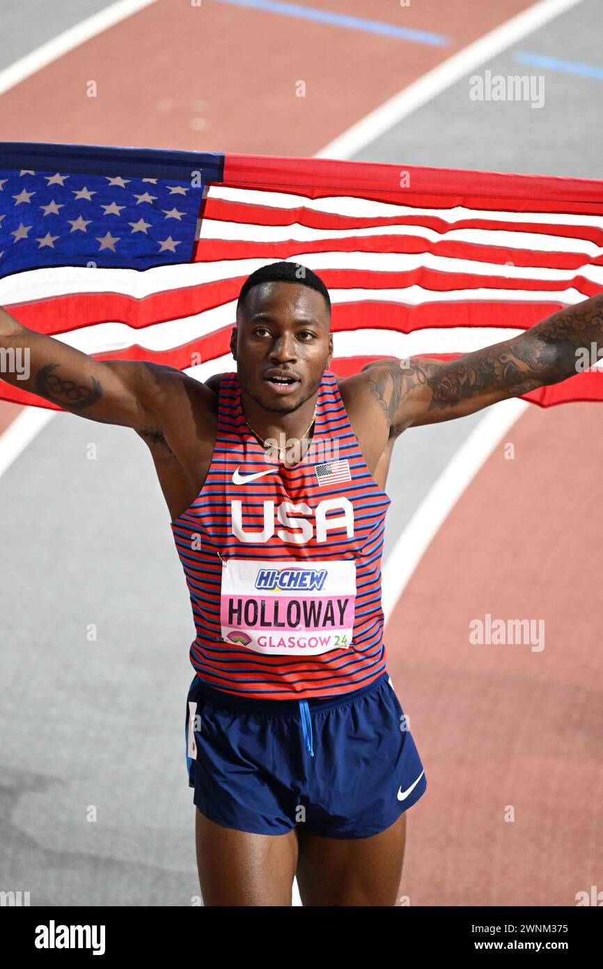 Glasgow, Regno Unito . 2 marzo 2024. Grant Holloway vince l'oro nei 60 m ostacoli maschili ai Campionati mondiali di atletica leggera di Glasgow, 2 marzo 2024 Credit: Martin Bateman/Alamy Live News Foto Stock