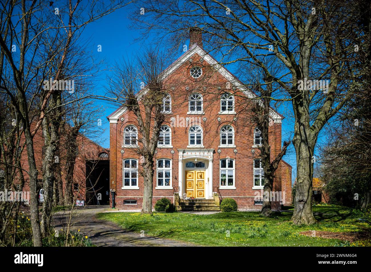 Una tradizionale casa in mattoni con una porta d'ingresso gialla e tetto piastrellato rosso sotto un cielo azzurro, Visquard, Greetsiel, Norden, Frisia orientale, bassa Sassonia Foto Stock