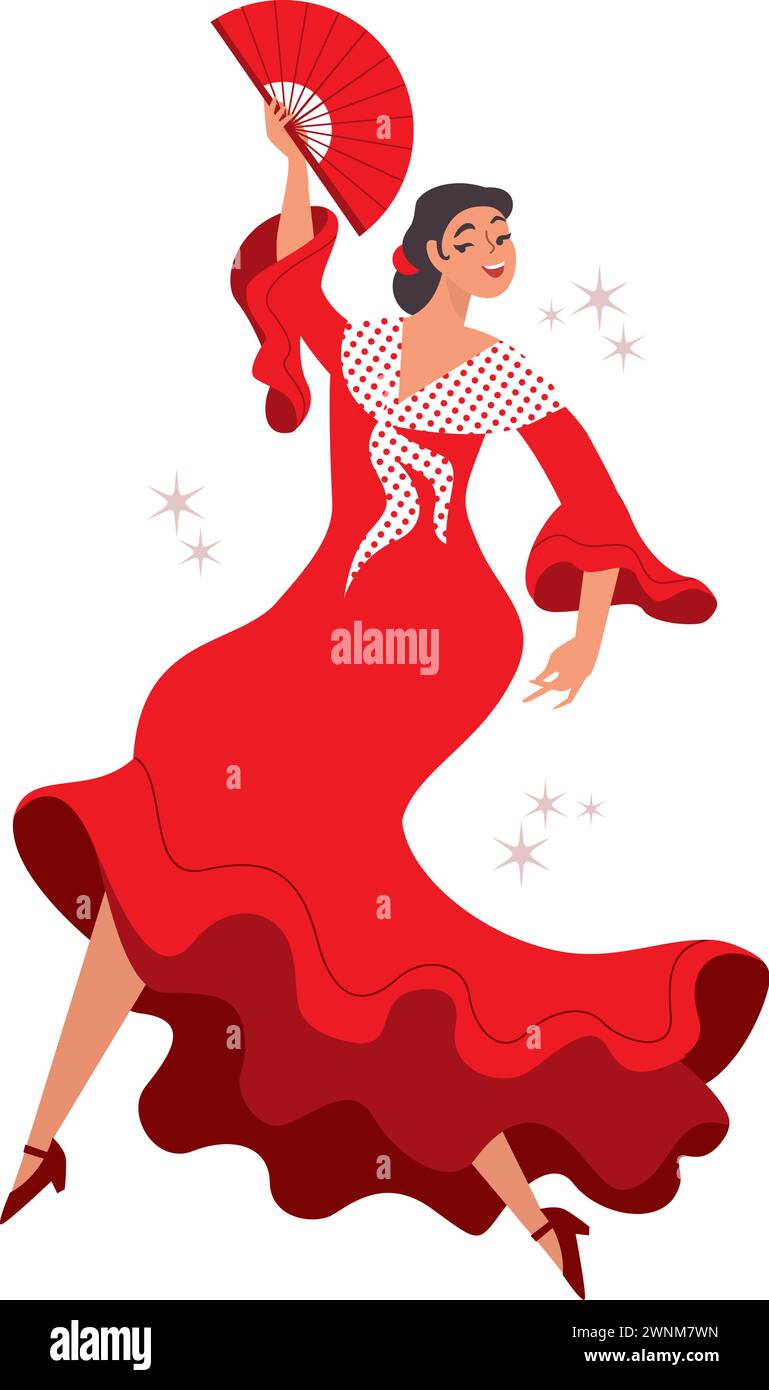Bella ballerina spagnola di flamenco. Donna graziosa che danza. Cultura spagnola. Carattere vettoriale piatto Illustrazione Vettoriale