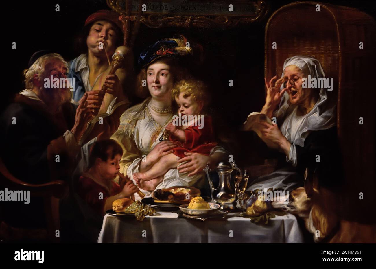 Come il Vecchio Sang, so Pipe the Young, Jacob Jordaens, (1593-1678) pittore barocco fiammingo del XVII secolo belga, Museo reale di Belle Arti, Anversa, Belgio, Belgio Foto Stock