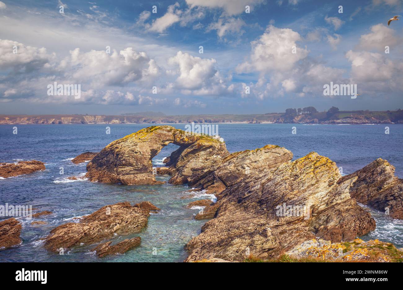 Stagcape con la costa rocciosa in primavera. Vista sulla baia di Ria de Ribadeo del Eo. Roccia con l'arco naturale. Ribadeo, Spagna Foto Stock