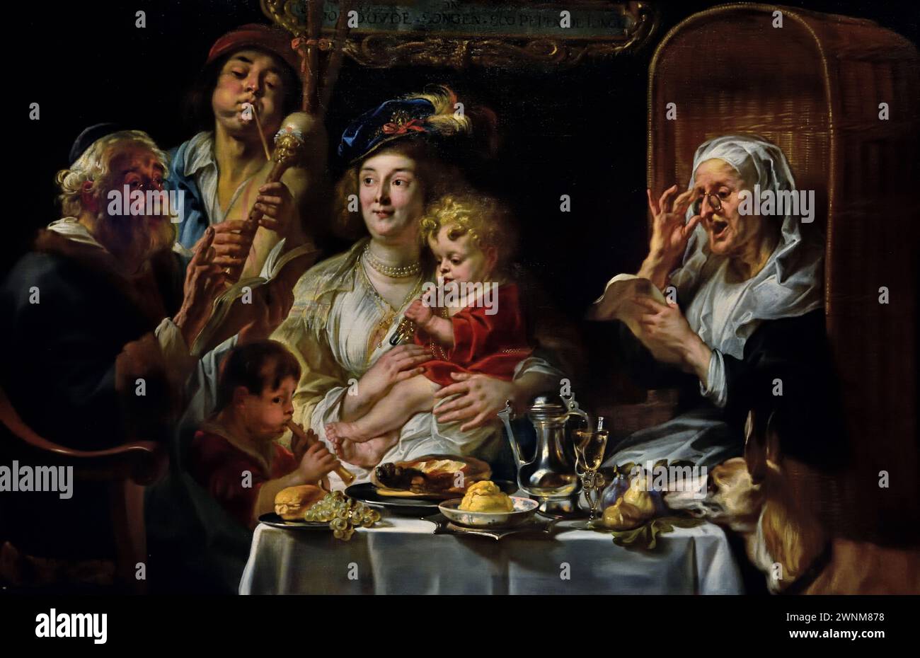 Come il Vecchio Sang, so Pipe the Young, Jacob Jordaens, (1593-1678) pittore barocco fiammingo del XVII secolo belga, Museo reale di Belle Arti, Anversa, Belgio, Belgio Foto Stock