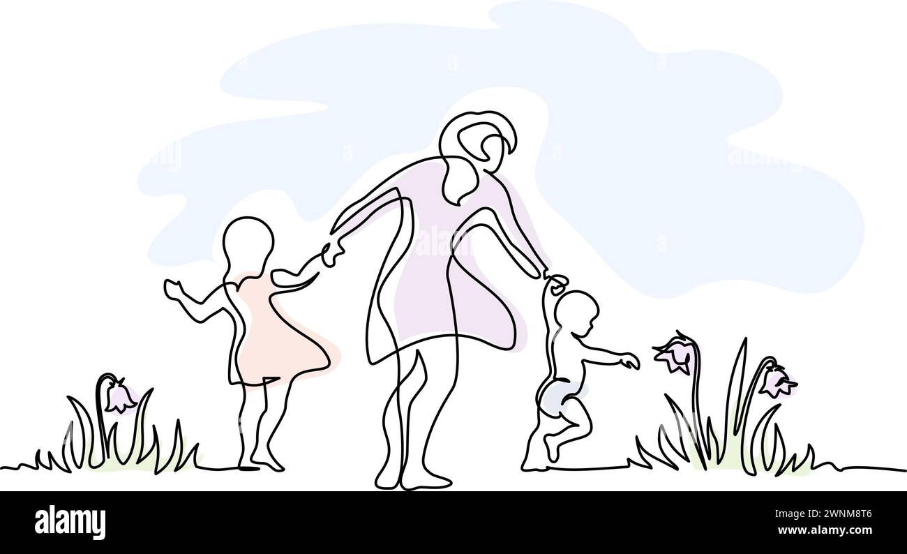 Madre che cammina con bambini piccoli in giardino con fiori Illustrazione Vettoriale