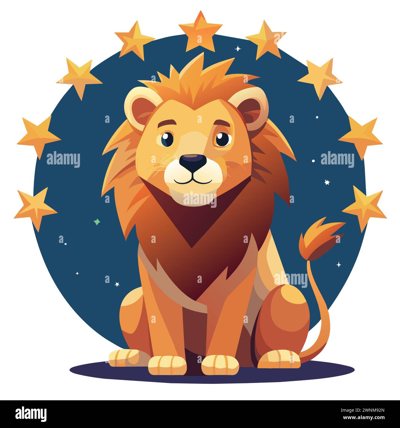Un leone cartoni animati è seduto nel mezzo di un cielo stellato Illustrazione Vettoriale