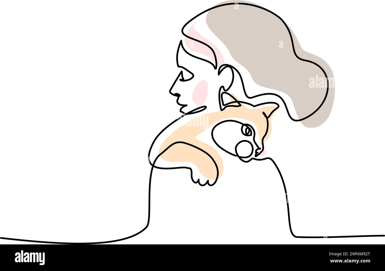 Donna con gatto sulla spalla. Disegno continuo su una linea Illustrazione Vettoriale
