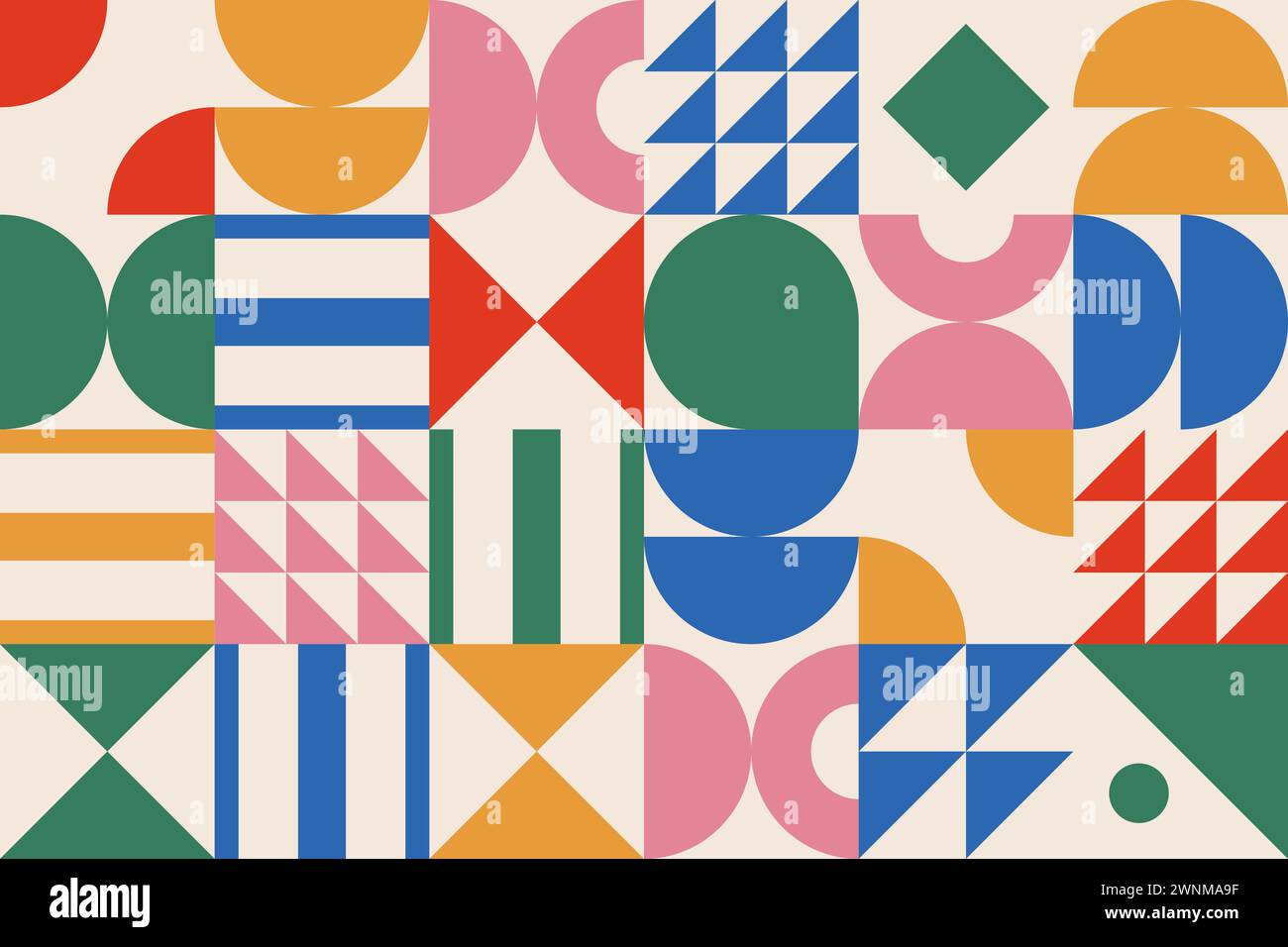 Colorato motivo astratto di varie forme cerchi, quadrati, triangoli e semicerchi su sfondo beige. Illustrazione Vettoriale