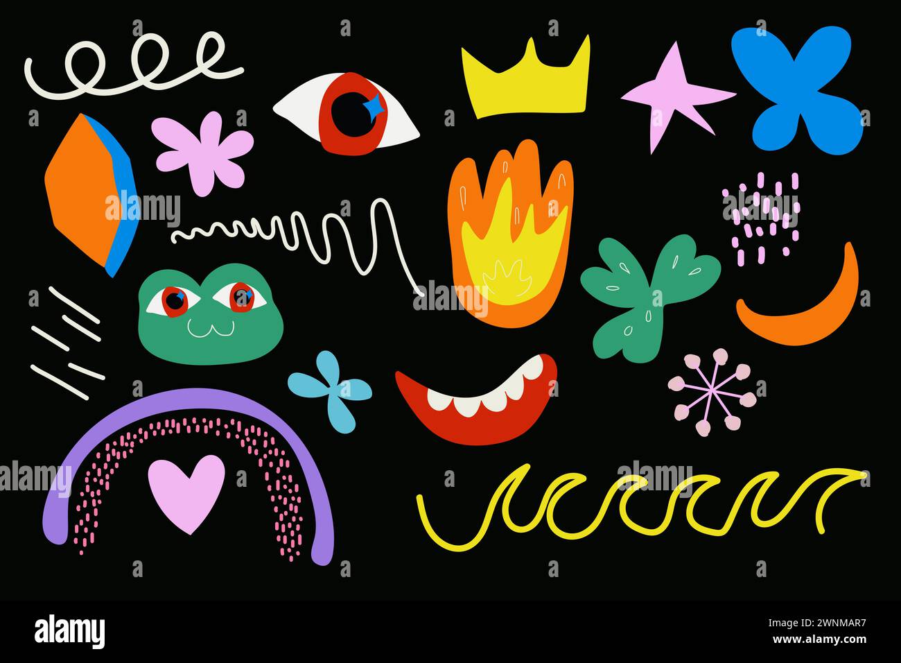 oggetti ingenui per bambini, forme, geometriche, occhi, rospo, arcobaleno, personaggi, multicolore per schede di progettazione e poster Illustrazione Vettoriale