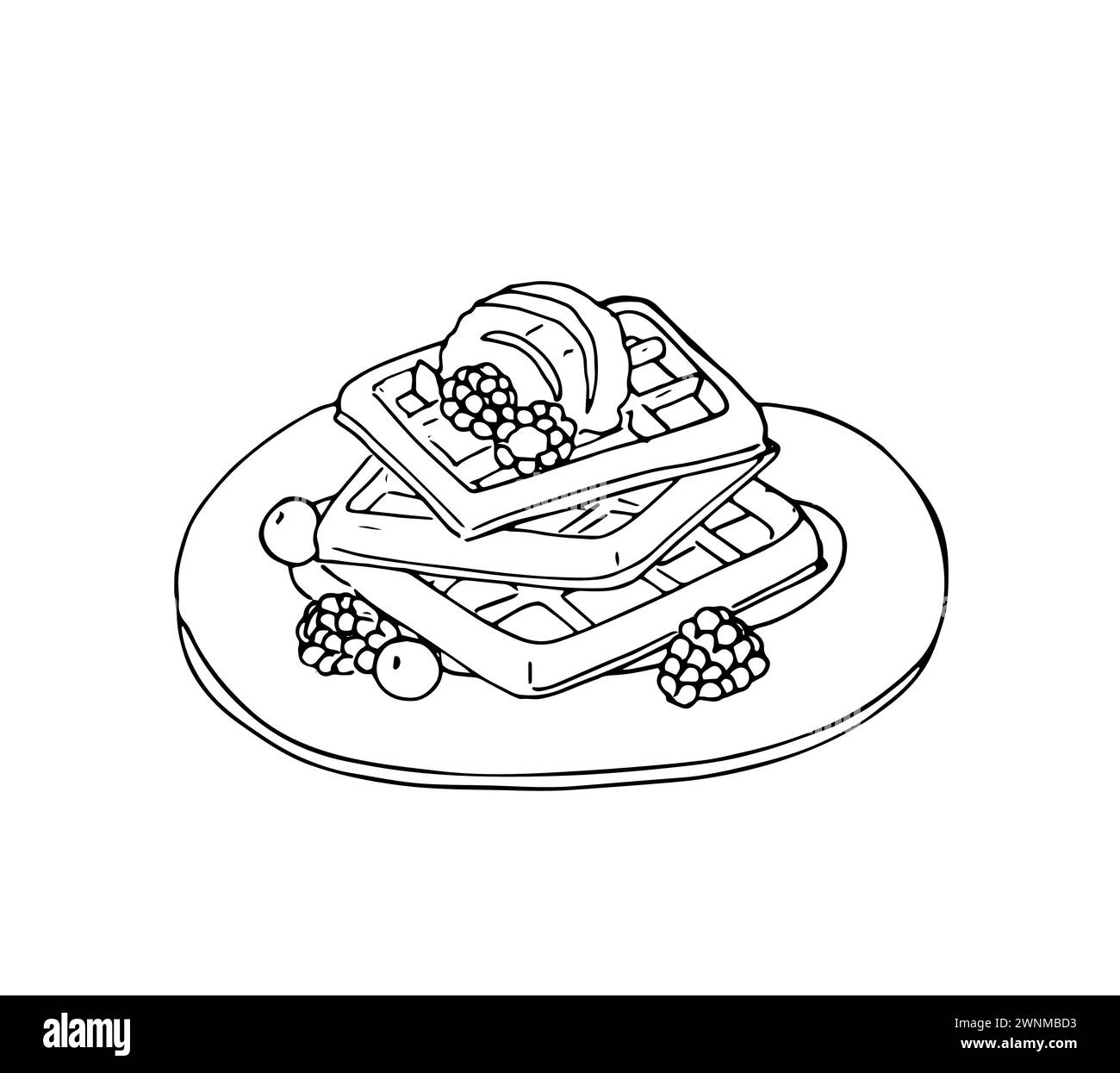 Waffle fatti a mano con gelato e fragole su un piatto. Illustrazione del vettore alimentare isolata su sfondo bianco. Illustrazione Vettoriale