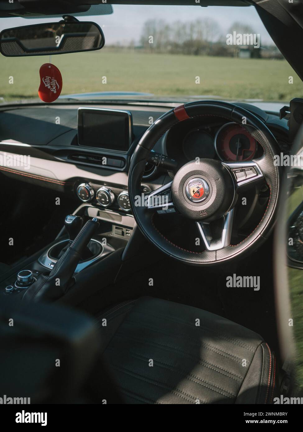Dettagli interni di un Abrth 124 Spider, con il logo dello scorpione sul volante Foto Stock