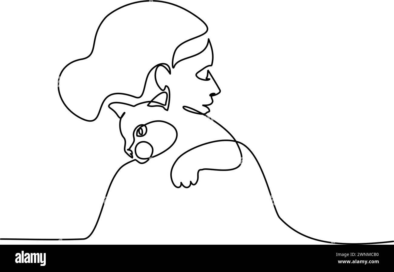 Donna con gatto sulla spalla. Disegno continuo su una linea Illustrazione Vettoriale