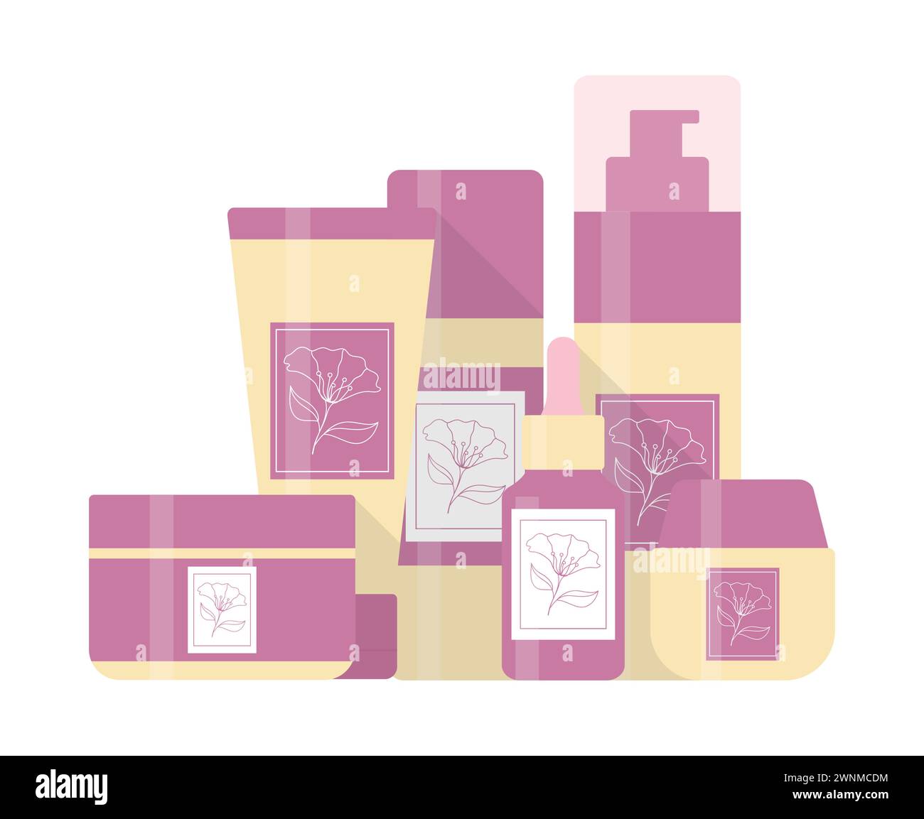 Set di bottiglie e tubi per la bellezza e la cura della pelle decorati con stemmi floreali. Design della confezione dei prodotti cosmetici. Illustrazione vettoriale Illustrazione Vettoriale