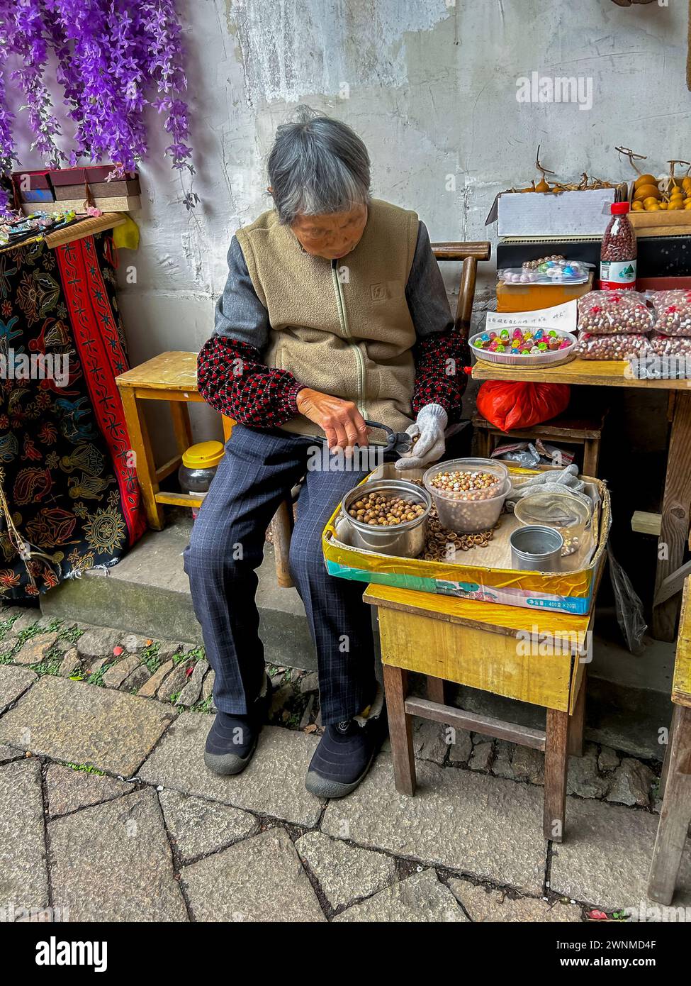 Suzhou, Cina, vecchia donna cinese, seduta fuori per strada, preparando noci per la vendita ai turisti, negozi, città storica, basso reddito Foto Stock