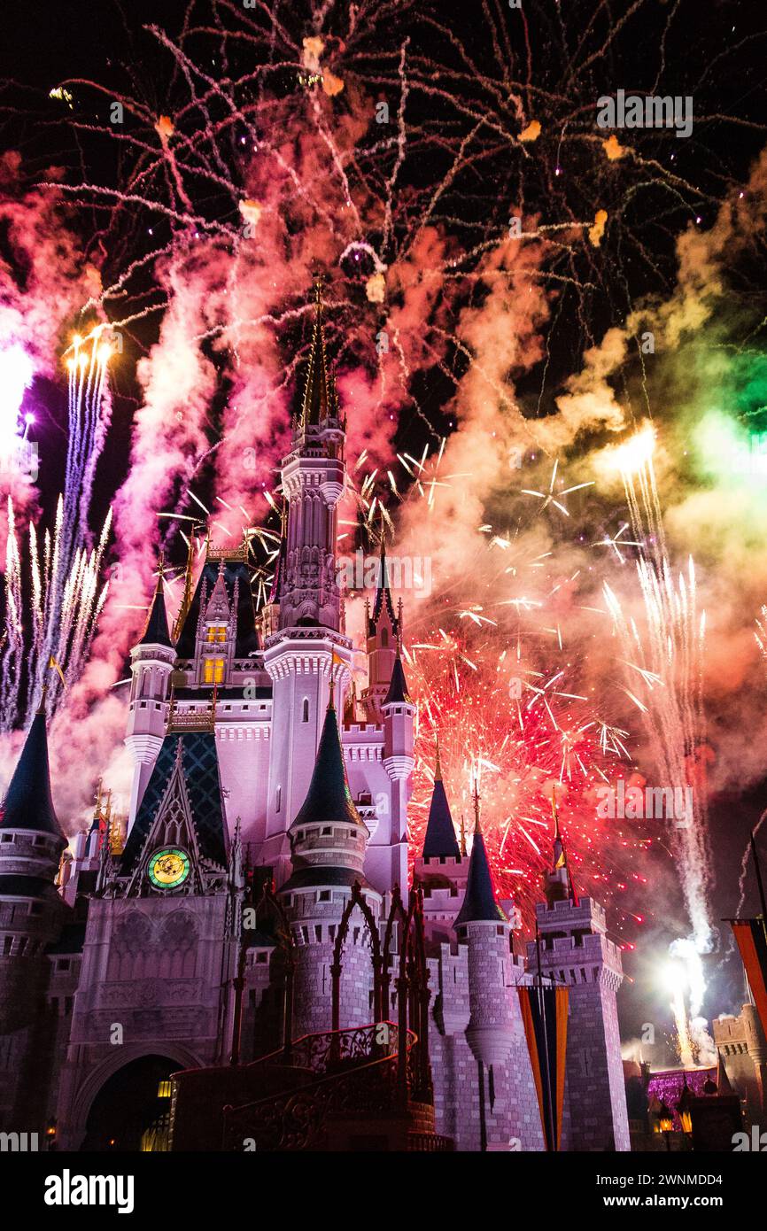 Un maestoso Castello di Cenerentola risplende tra un vibrante spettacolo di fuochi d'artificio. Foto Stock