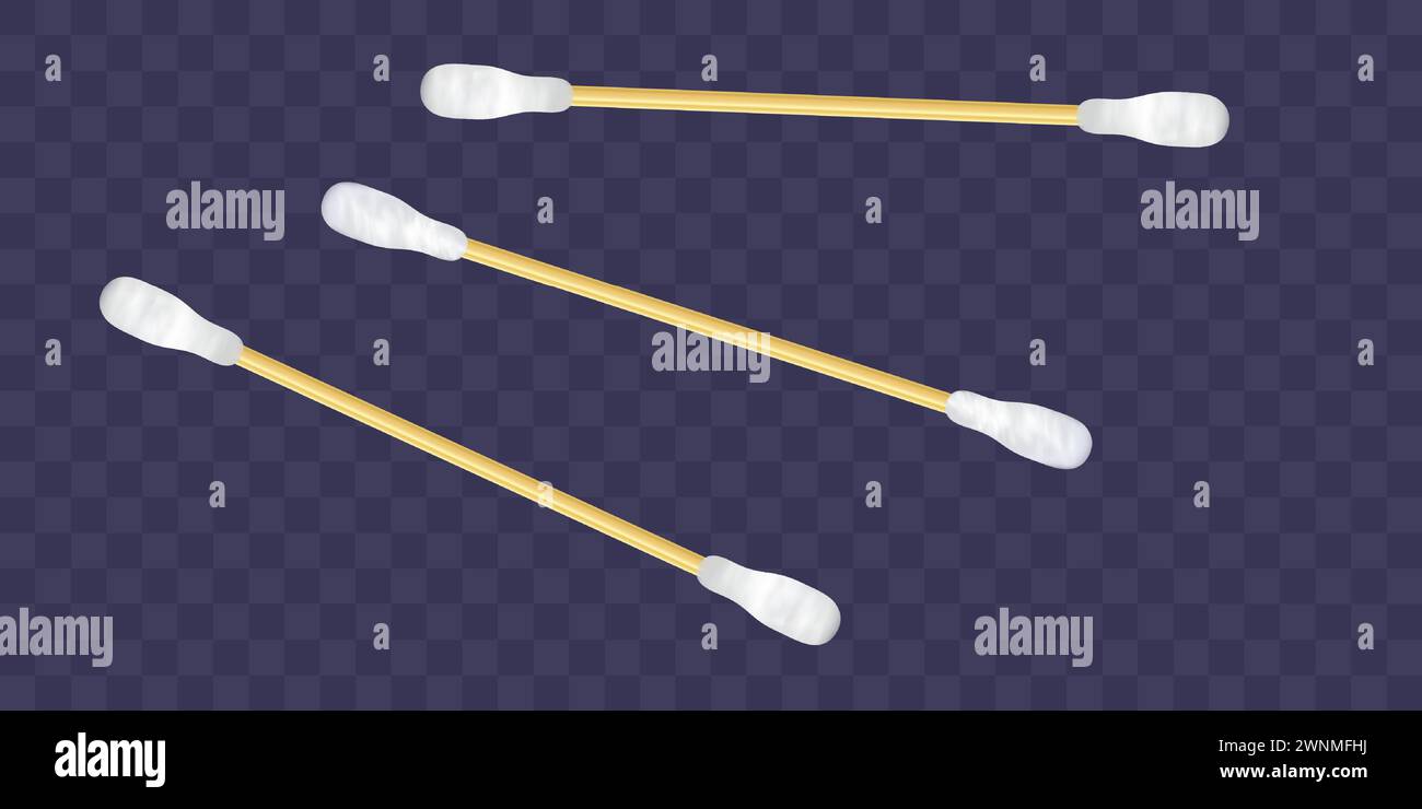 Set di batuffoli di cotone realistici. Bastoncini di cotone per orecchie. Vettore 3D. Illustrazione realistica isolata su sfondo trasparente Illustrazione Vettoriale