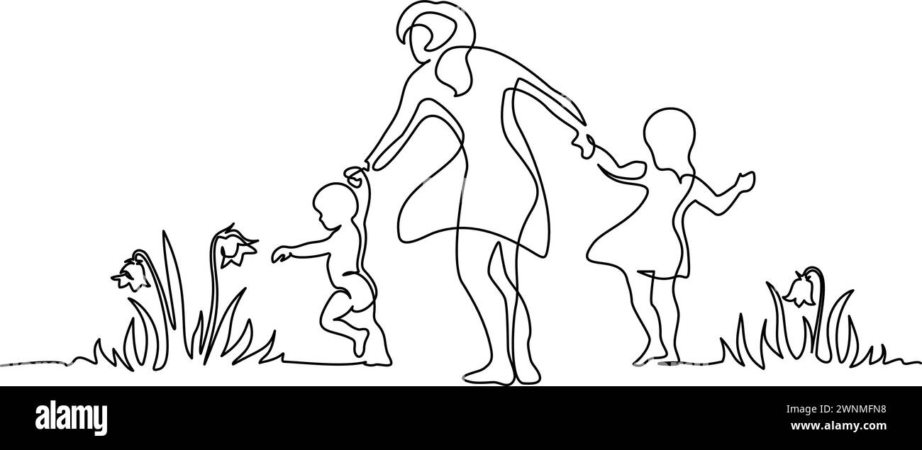 Madre che cammina con bambini piccoli in giardino con fiori Illustrazione Vettoriale
