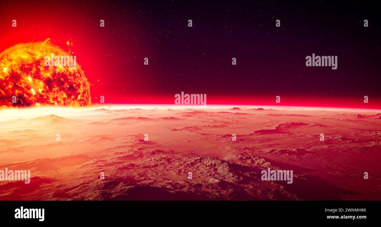 Pianeta vicino a una stella, mercurio vicino al Sole ExoPlanet. Superficie montuosa di un pianeta e di una stella. rendering 3d. Foto Stock