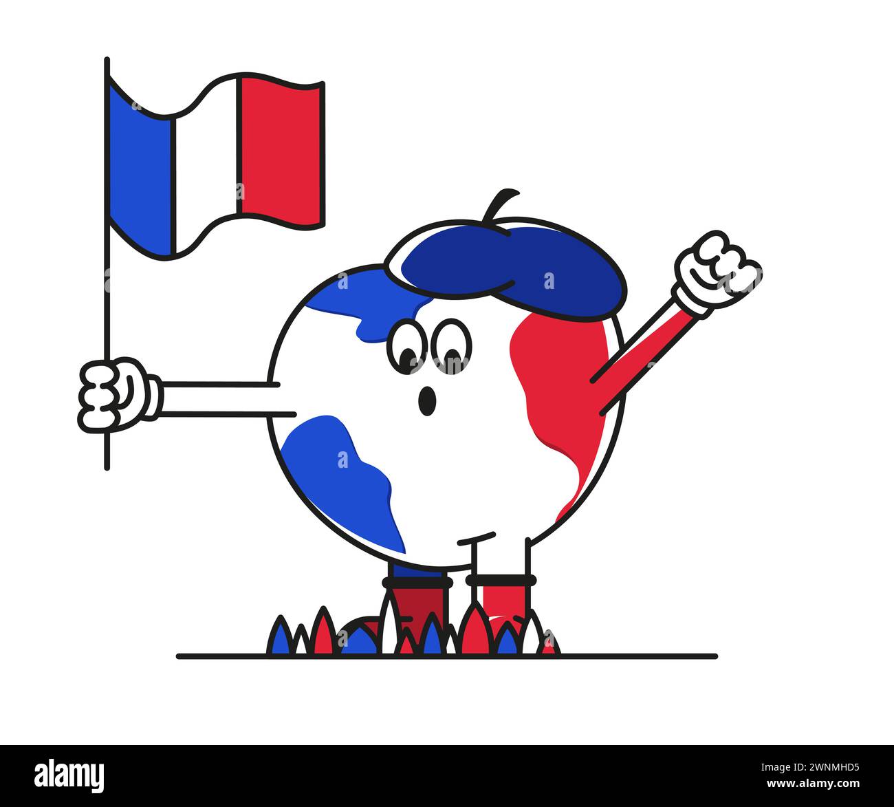 Simbolo della Francia con una bandiera in mano. Giornata della lingua francese. Illustrazione Vettoriale