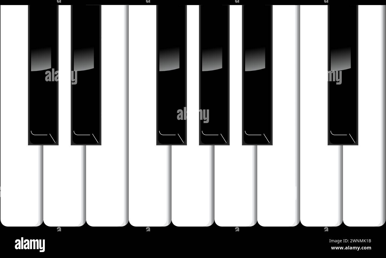 Sfondo dei tasti del piano, tastiera tastiera tastiera dello strumento, note per pianoforte in bianco e nero Illustrazione Vettoriale