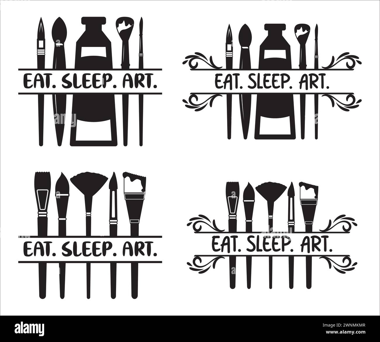 Vector, materiale d'arte, silhouette dell'artista, pennello per artista, pennello per pittura, artista monogramma, Eat Sleep Art, Heartbeat Palette, artista Silhouet Illustrazione Vettoriale