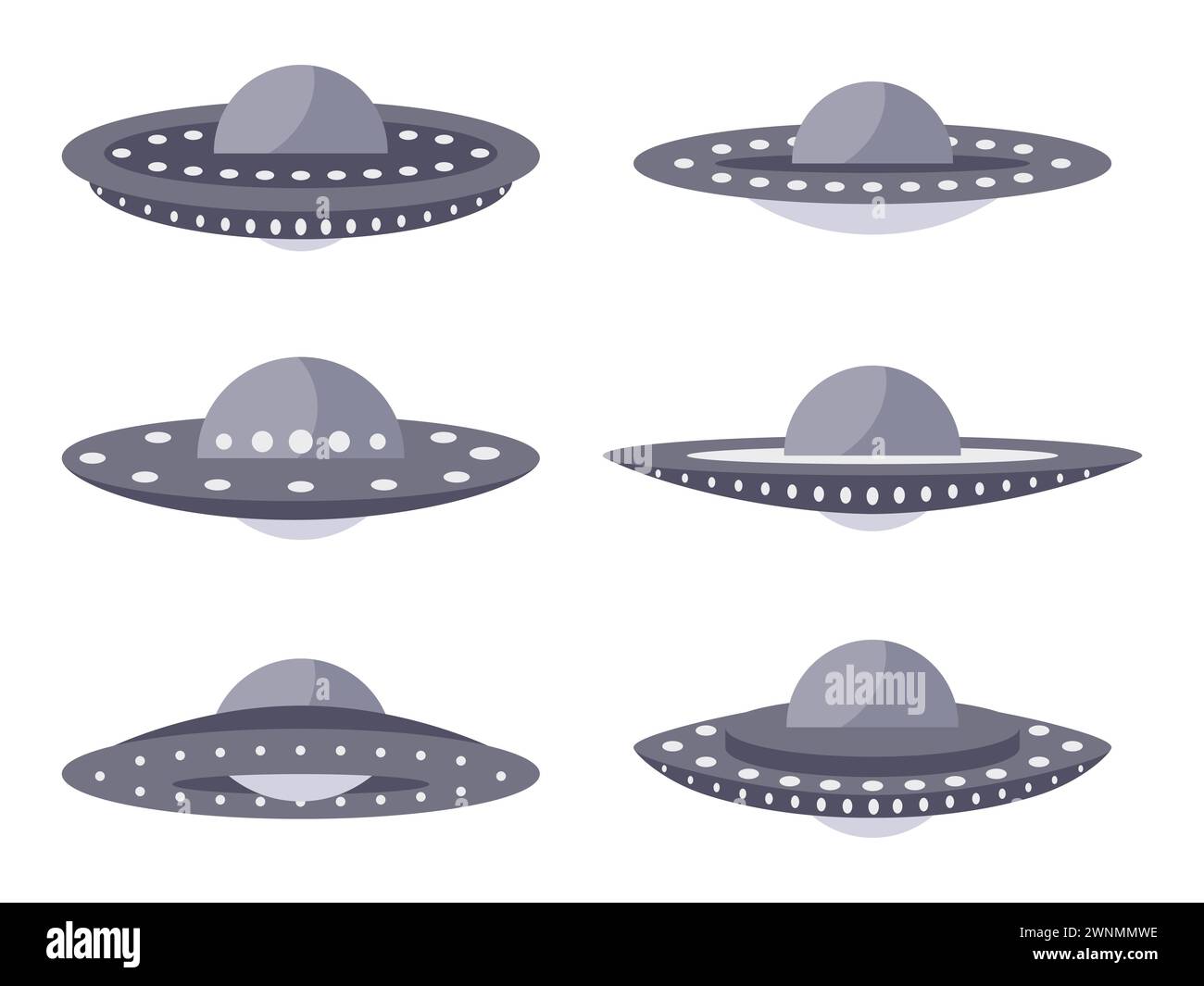 Set di icone UFO isolate su sfondo bianco. Collezione di astronavi aliene, disco volante spaziale. Astronavi alieni. Design delle icone per stampa, striscioni e. Illustrazione Vettoriale