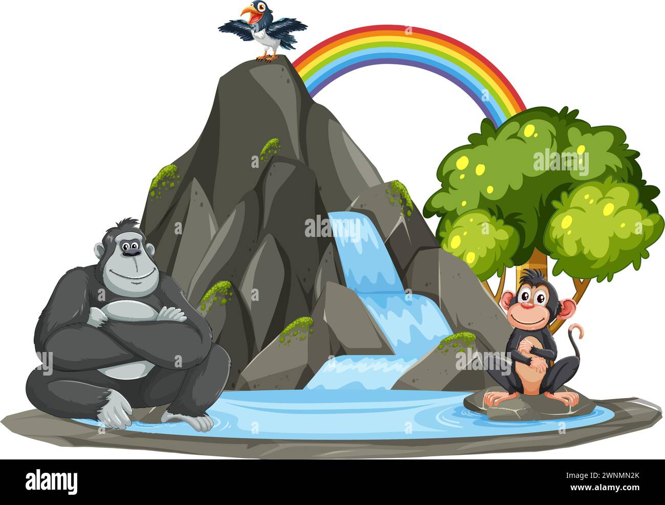 Gorilla, scimmia e uccello vicino a una cascata colorata Illustrazione Vettoriale