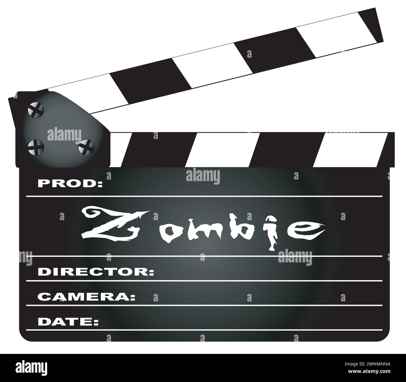 Un tipico clapperboard cinematografico con la leggenda Zombie isolata sul bianco. Illustrazione Vettoriale