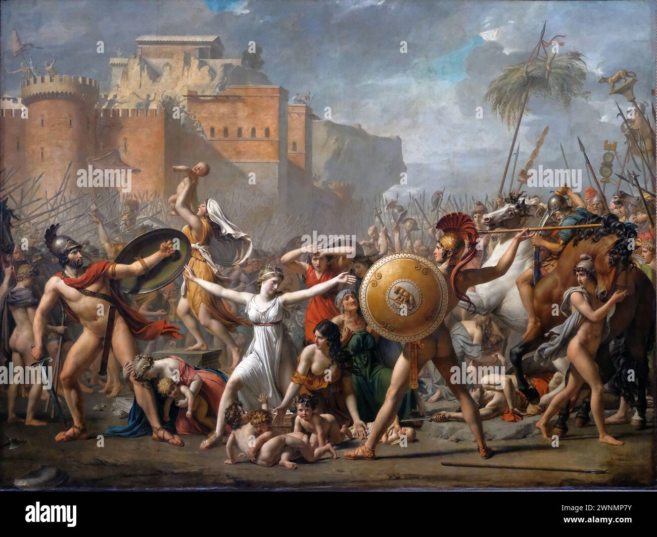 L'intervento delle donne Sabine è un dipinto del 1799 del pittore francese Jacques-Louis David, che mostra un episodio leggendario dopo il rapimento delle donne Sabine Foto Stock