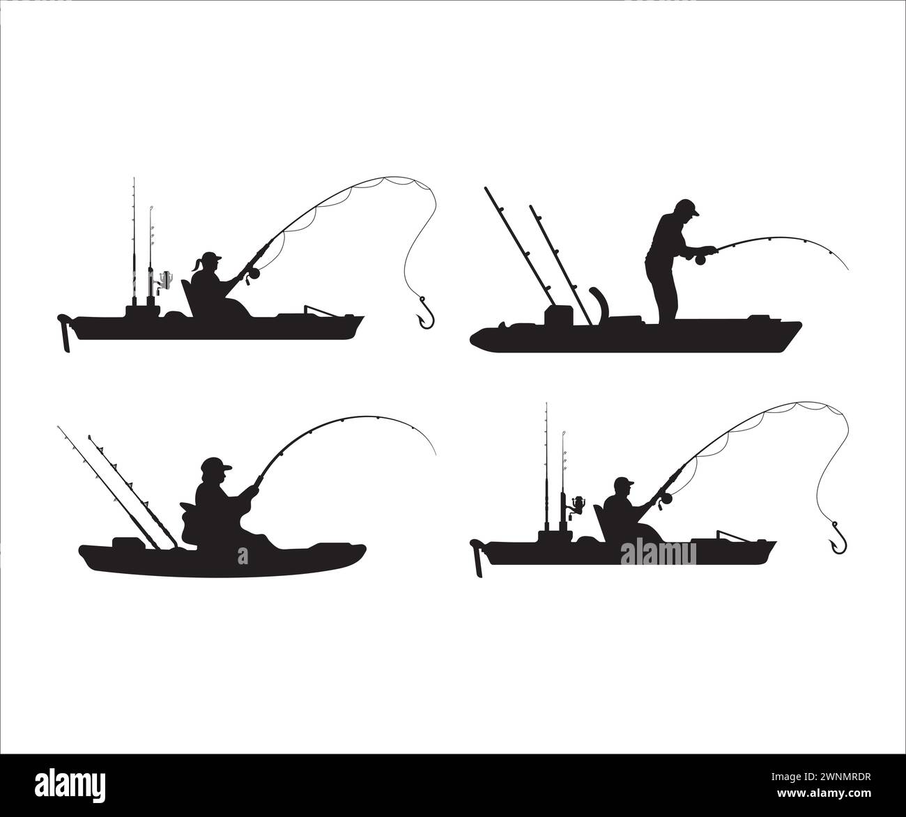 Kayak Fishing Vector, kayak Fisherman, kayak Fishing silhouette, pesca, kayak Fishing Stencil, pesca in kayak SVG file, pesca sul fiume Illustrazione Vettoriale