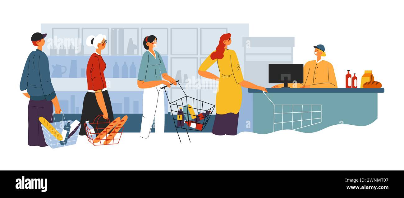 Persone in linea nel vettore supermercato Illustrazione Vettoriale