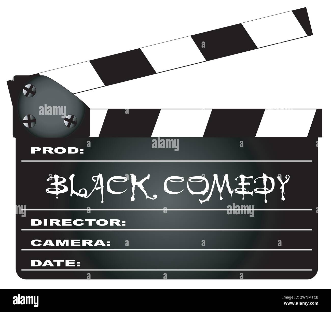 Un tipico clapperboard cinematografico con la leggenda Black Comedy isolata sul bianco. Illustrazione Vettoriale