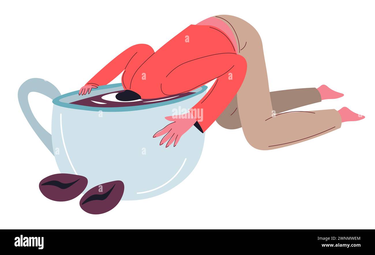 Aggiunta di caffè e caffeina, annegamento in tazza Illustrazione Vettoriale