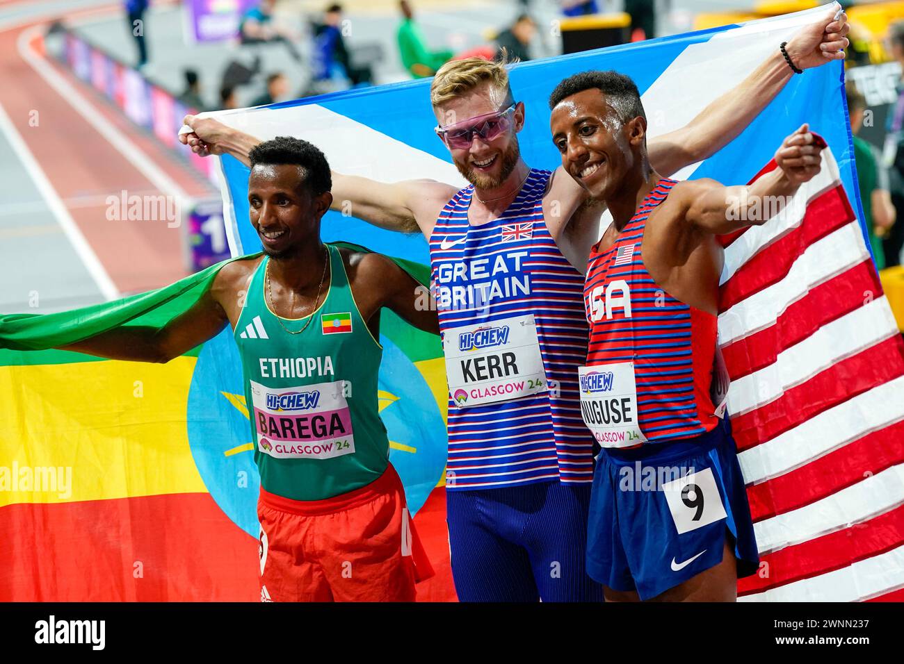 Glasgow, Scozia 20240302.Selemon Barega, Josh Kerr e Yared Nuguse durante i Campionati mondiali di atletica indoor di Glasgow. Foto: Lise Aaserud / NTB Foto Stock