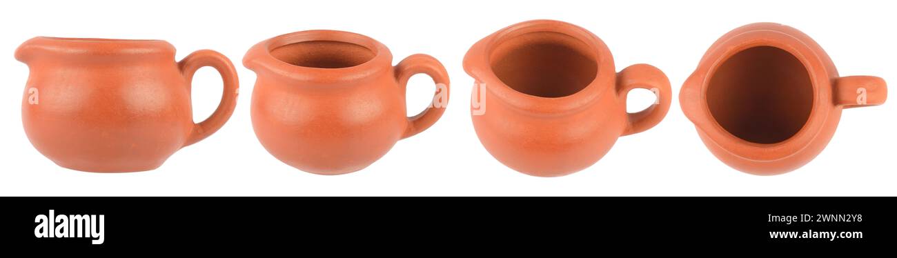 Set di tazze in ceramica con angoli diversi isolate su sfondo bianco. Foto Stock