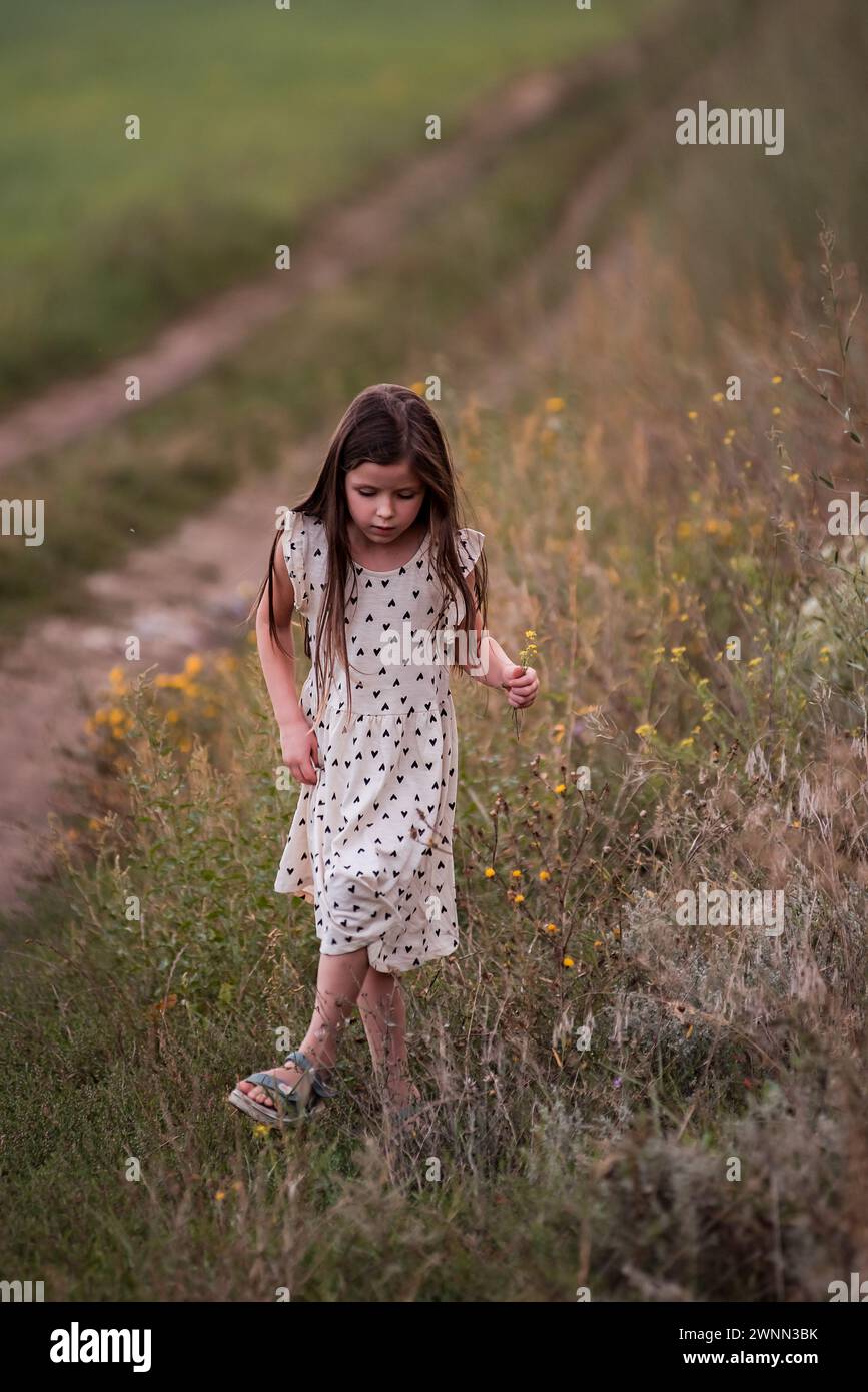 La bambina con i capelli lunghi in un vestito corre attraverso un campo verde. Un'infanzia attiva e divertente. Viaggio nel prato in campagna. Facilità, libertà di movimento Foto Stock