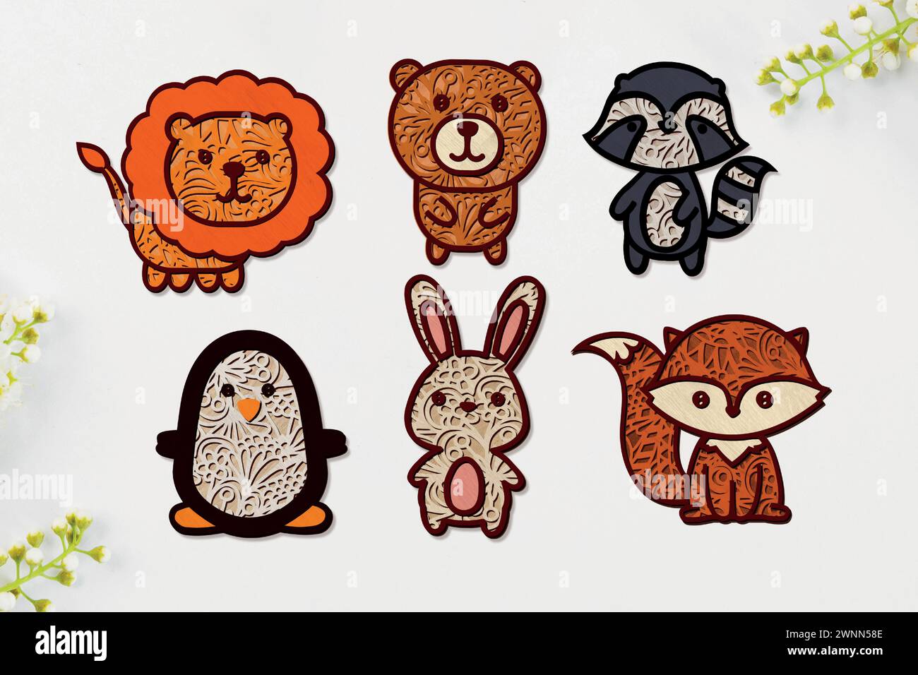 I file di layout multistrato digitali CUTE ANIMALS sono appositamente preparati per il taglio laser, il router CNC e altre macchine da taglio. Illustrazione Vettoriale