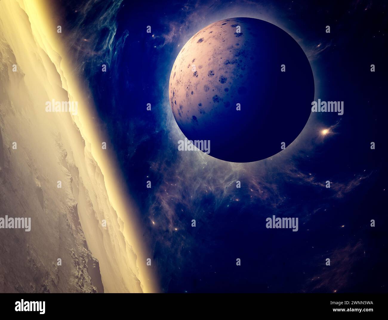 Pianeti ed esopianeti di galassie inesplorate. Fantascienza. Nuovi mondi da scoprire. Colonizzazione ed esplorazione di nebulose e galassie. Foto Stock