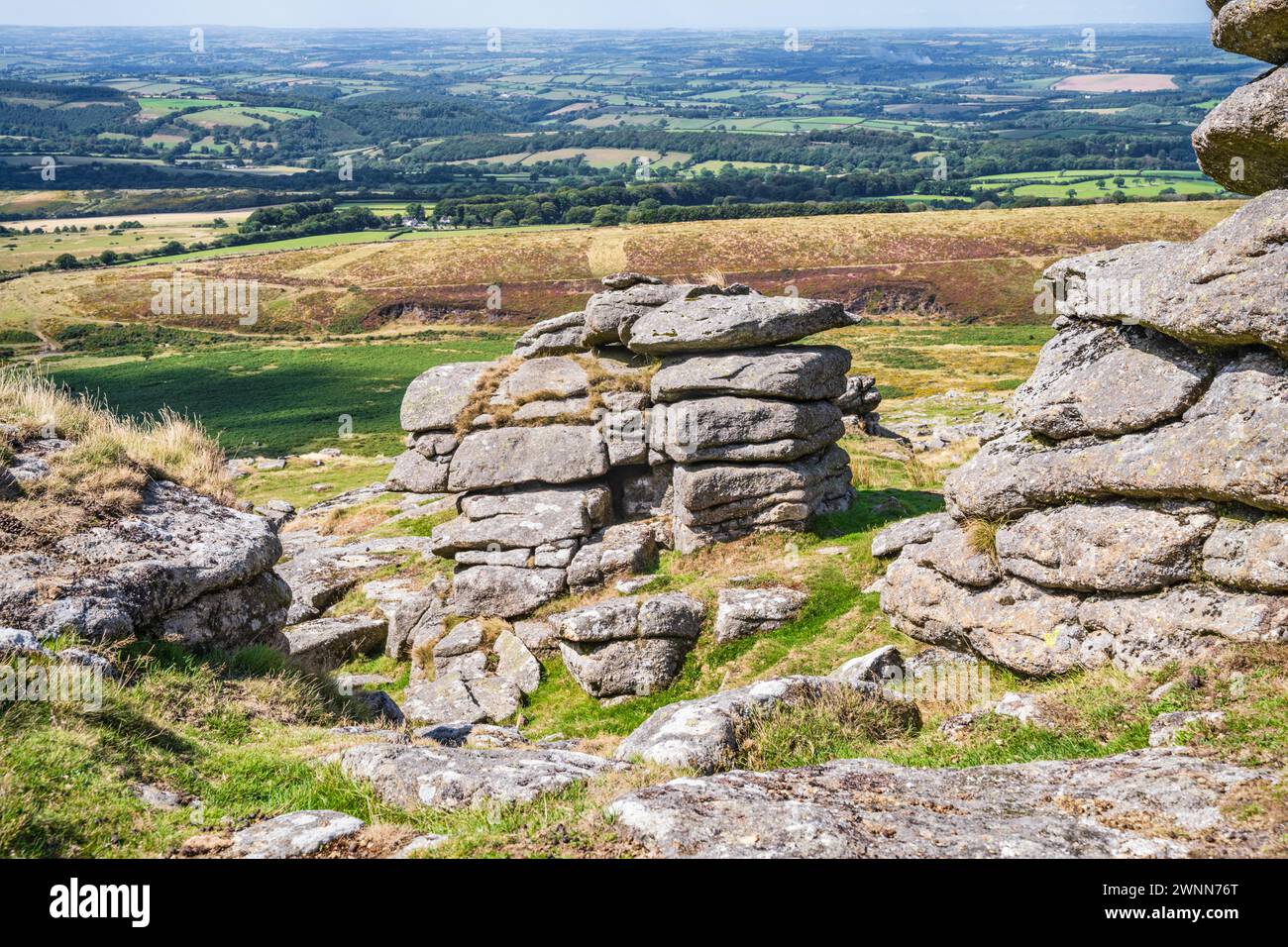 Splendidi affioramenti di granito su Arms Tor, Dartmoor National Park, Devon, Inghilterra, Regno Unito. Foto Stock